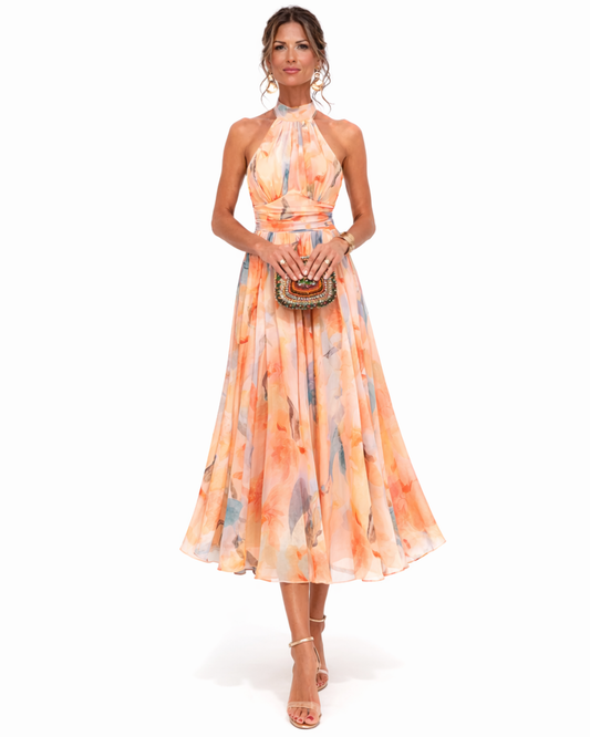 ESTRELLA – Vestido con Escote Halter y Estampado Acuarela